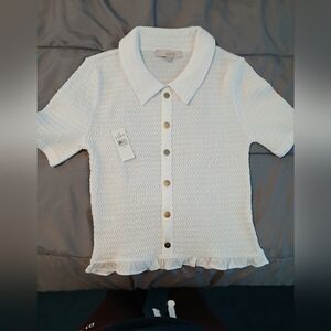 LOFT White Textured Button-Down Shirt
